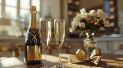 Two glasses of champagne and a bottle tied with a gold ribbon lay on the table - obrazy, fototapety, plakaty