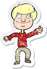 retro distressed sticker of a cartoon happy man waving