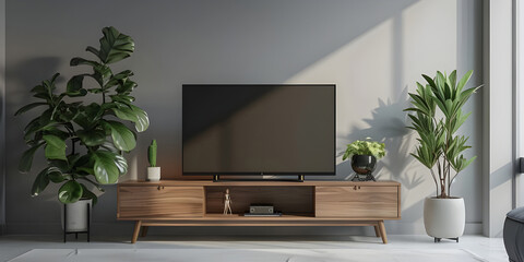 Minimalist Living Room: Television on TV Stand with Modern Table in Background - Ai Generated