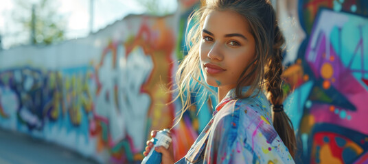 Portrait of a Young Artist: Creative Expression Against a Colorful Graffiti Background
