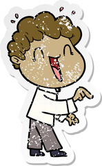 distressed sticker of a cartoon happy man