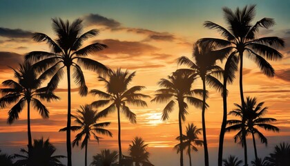 A serene pattern depicting palm tree silhouettes against a tropical sunset background