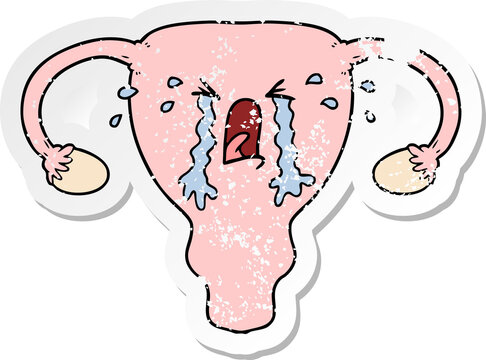 distressed sticker of a cartoon uterus crying