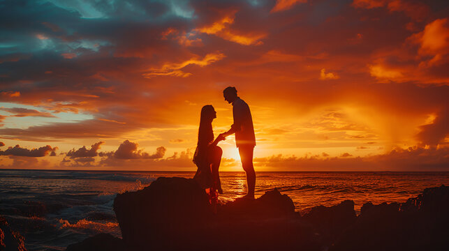 Golden Hour Sunset Proposal. Couple Enjoying Romantic Moment at Beach During Sunset. Engagement and Love Concept. Generative Ai