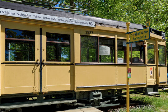 Kleinmachnow, Germany - May 6, 2018: Exterior photo of a historic German streetcar built in 1929.
