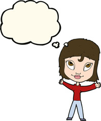 cartoon happy woman waving arms with thought bubble