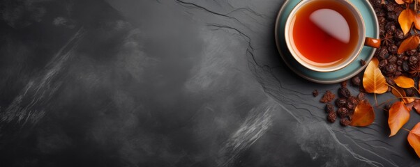 Cup of hot tea and tea leaves on dark luxury stone background, banner. Generative Ai. - obrazy, fototapety, plakaty