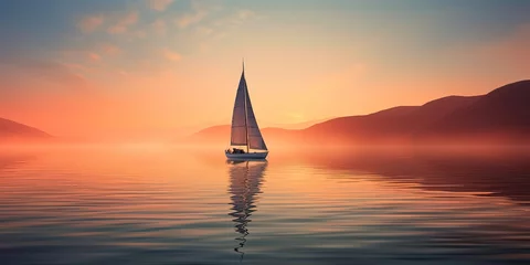 Foto op Plexiglas Peaceful image of a solitary sailboat on glass-like water, with soft light of sunrise creating a tranquil mood © Coosh448