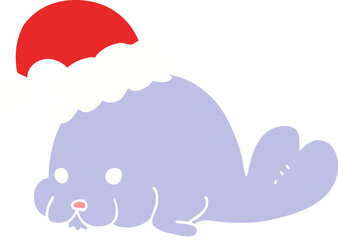 flat color style cartoon christmas walrus
