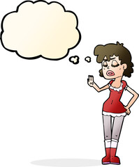 cartoon woman making dismissive gesture with thought bubble