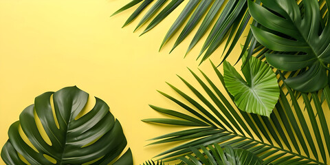 Colorful Background with Tropical Palm Leaves, Vibrant Color Background with copy space- Ai Generated