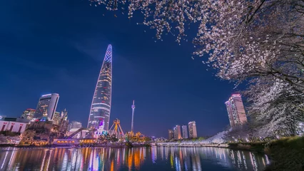 Poster south korea in spring at night and skyscrapers seoul south korea © panyaphotograph