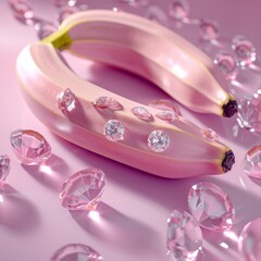 Aesthetic photo of a single curved banana tinted in pink surrounded by sparkling crystals, hinting at whimsy and imagination