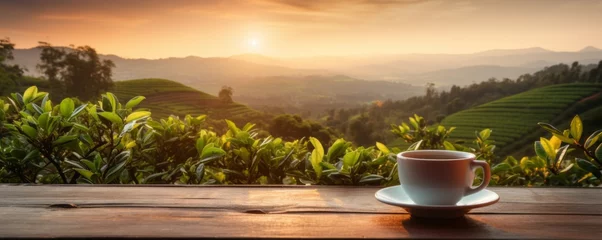 Sierkussen Cup of hot tea and tea leaf on the wooden table with tea plantations background, banner. Generative Ai. © annamaria