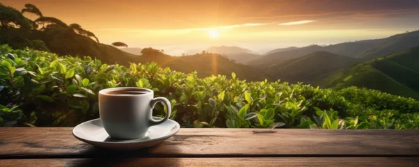 Foto op Plexiglas Cup of hot tea and tea leaf on the wooden table with tea plantations background, banner. Generative Ai. © annamaria