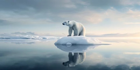 Foto op Aluminium Serene scene of a polar bear standing on a small iceberg with a perfect reflection in calm waters © Coosh448