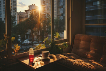Interior of apartment with view of city. Table and Sun