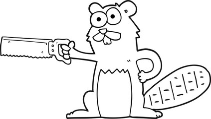 black and white cartoon beaver with saw