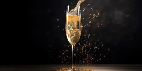 Golden, effervescent champagne in a tall glass with a play of light and shadow showcasing the bubbles