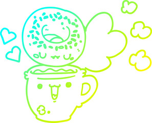cold gradient line drawing cute cartoon donut and coffee