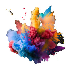 Color powder explosions with paint dust particles.  realistic set of colorful ink splashes, burst effect of powder clouds and spray on transparent background.