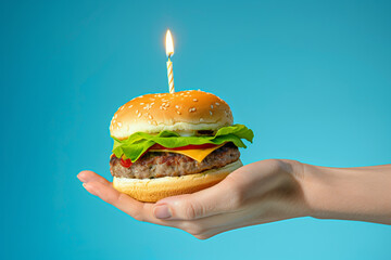 an outstretched hand with a burger and a burning candle in it symbolises a birthday on a blue background, a fast food celebration