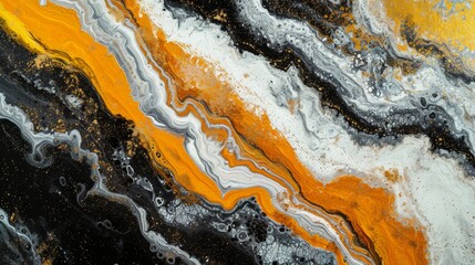 Abstract acrylic background with black, white and gold paint flowing diagonally