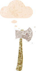cartoon axe and thought bubble in retro textured style
