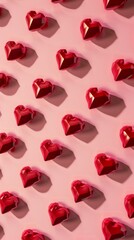 Abstract image showcasing multiple red heart-shaped paper objects over a soft pink background