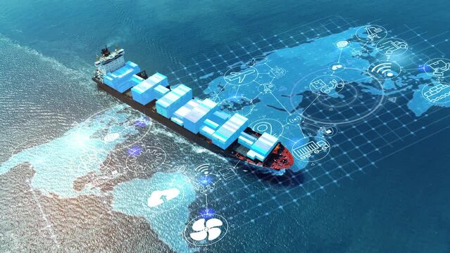 AI technology Cargo Container Ship with line connection logistics icons. Tehcnology Global Logistics international delivery concept, World map logistic and supply chain network distribution Container 