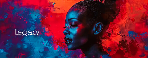 Silhouette of an African woman against a vibrant, abstract splash of red and blue colors with the word Legacy superimposed, symbolizing cultural heritage and identity