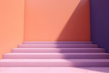 Brightly colored stairs cast a sharp shadow on a vibrant geometric wall, evoking a minimalist aesthetic. Colorful Geometric Background with Stairs