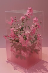 A creative display featuring blooming pink flowers artfully encased in a transparent acrylic box with a soft pink background