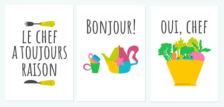 Handdrawn design of eclectic kitchen decor. Vector colourful poster for kitchen interior in french language.