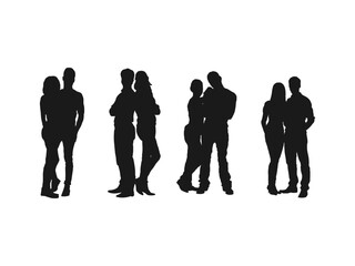 Happy couples standing silhouettes. silhouette couple standing arms crossed against. Vector silhouettes of man and a woman, a couple standing people, black color isolated on white background.