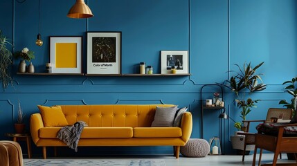 A living room with blue walls and yellow furniture