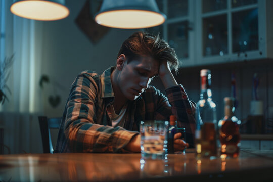 Drunk man sitting at a table holding his head with his hand next to an unfinished bottle and glass, alcoholism binge drinking