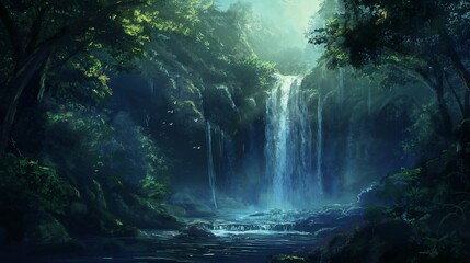 Fototapeta na wymiar Majestic waterfall cascading down a lush, untouched forest.