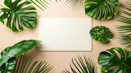 Summer tropical leaves with blank paper on beige background Summer tropical leaves with blank paper...