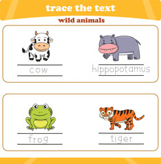 writing practice with wild animals. Worksheet trace the text. Vector illustration