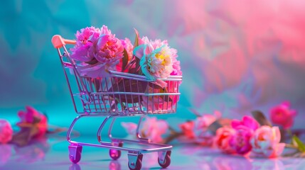 A mini shopping cart is filled with an assortment of colorful flowers against a creative backdrop