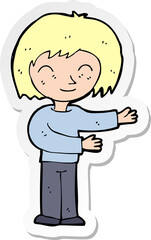 sticker of a cartoon woman gestureing welcome