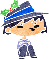 christmas retro cartoon of kawaii boy