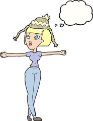 thought bubble cartoon woman wearing hat