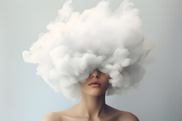 Woman’s head covered with cloud or smoke. Mental health, psychological treatment concept
