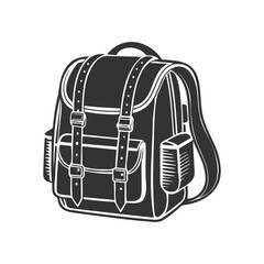 Hand drawn backpack. School bag or travel backpack. Black and white silhouette. Vector