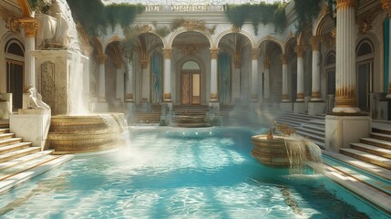 Midday tranquility captured in a high-definition snapshot of an opulent pool, featuring artistic water features and surrounded by upscale design - obrazy, fototapety, plakaty
