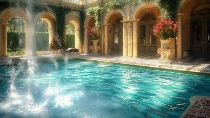 Midday tranquility captured in a high-definition snapshot of an opulent pool, featuring artistic water features and surrounded by upscale design