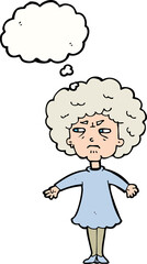 cartoon bitter old woman with thought bubble