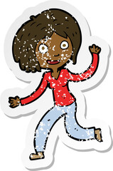 retro distressed sticker of a cartoon happy waving girl